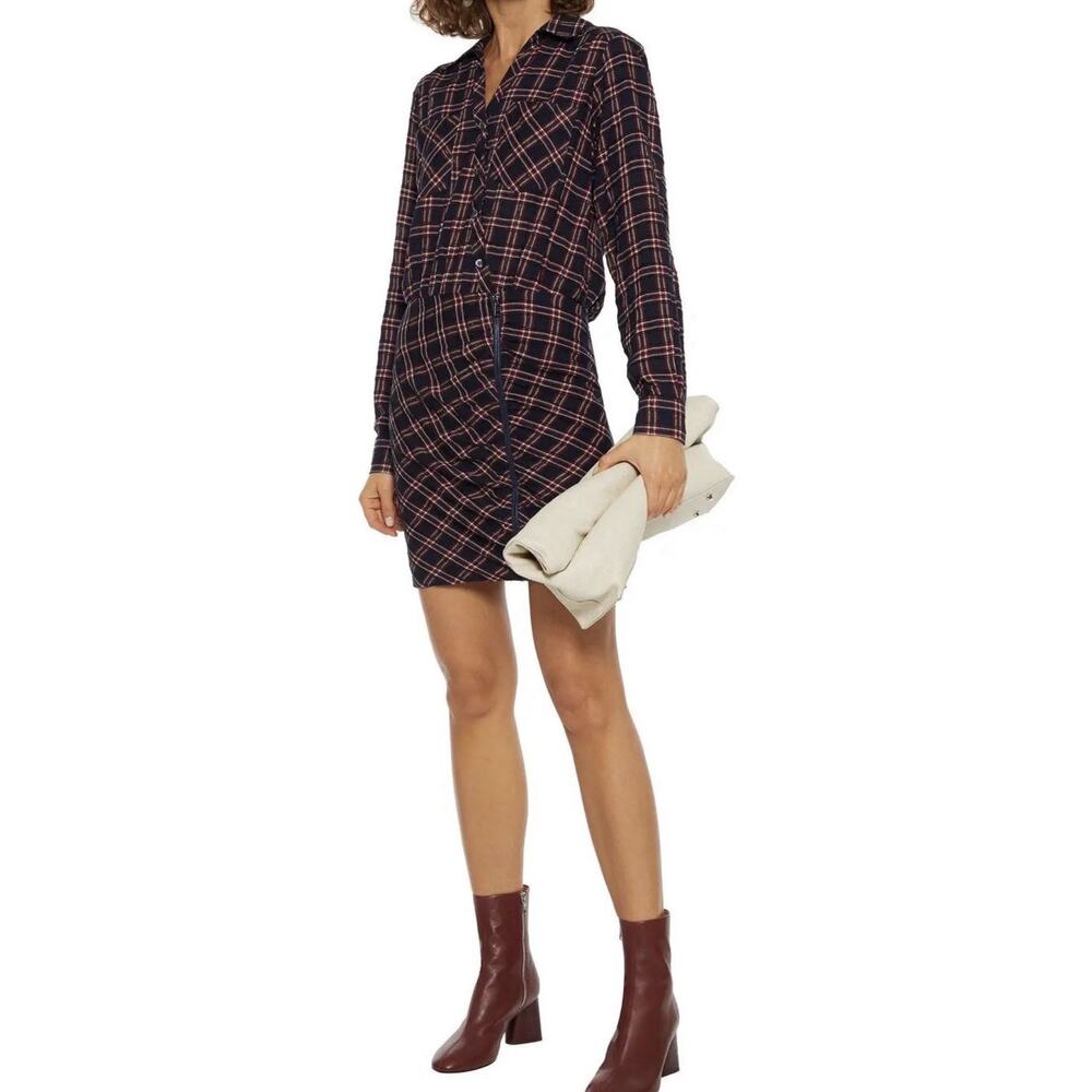 Veronica Beard Emory Red Blue Plaid Ruched Zipper Front Long Sleeve Dress Size 6